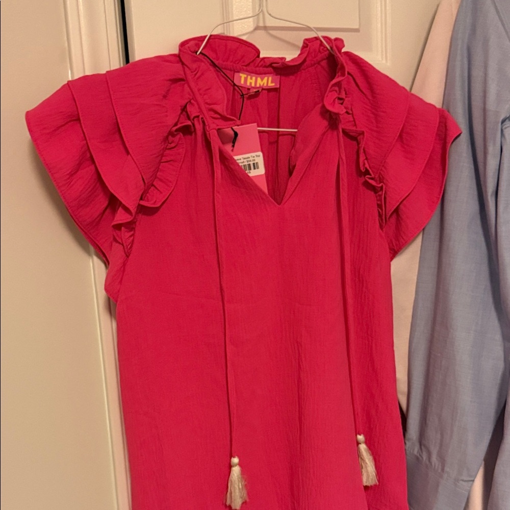 THML Women's Bright Pink Ruffle Blouse